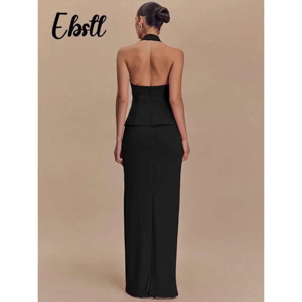 Elegant Halter Top Skirts Set Women Solid Backless Sleeveless Crop Tops Split Long Skirt 2025 Spring Summer New Ladies Outfits