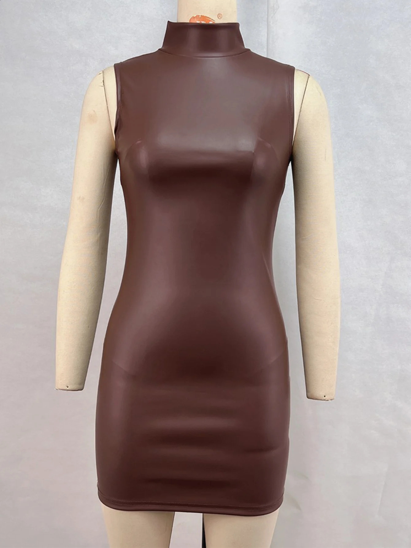 Sexy brown PU leather mini summer dress women clothing elegant bodycon club birthday party dress short evening dresses vestidos 250519