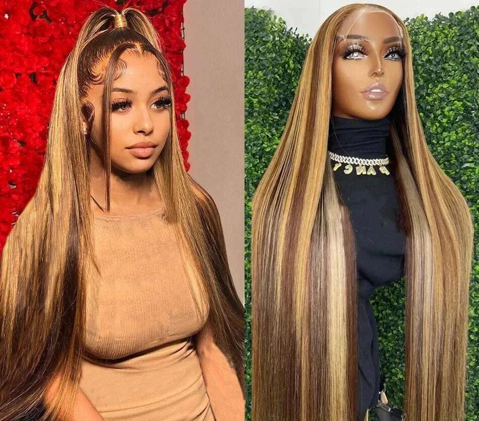 Highlight 13x6 Human Hair Honey Blonde Brown Colored HD Front Wigs For Women Pre Plucked Bone Straight Lace Frontal Wig