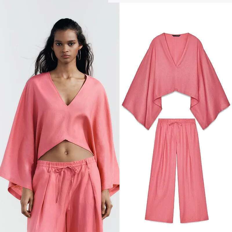 TRAF Wide Leg Pants For 2 Causal Loose Sleeve V Neck Shirt Drawstring Trousers Two Piece Set Women Outfit
