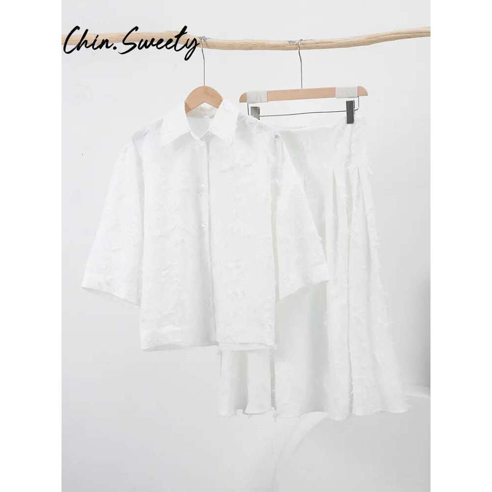 Urban Shirt Skirt Set Women Casual Lapel Sleeve T-Shirt High Waist Pleated Long Skirts 2025 Summer Street Lady Sets