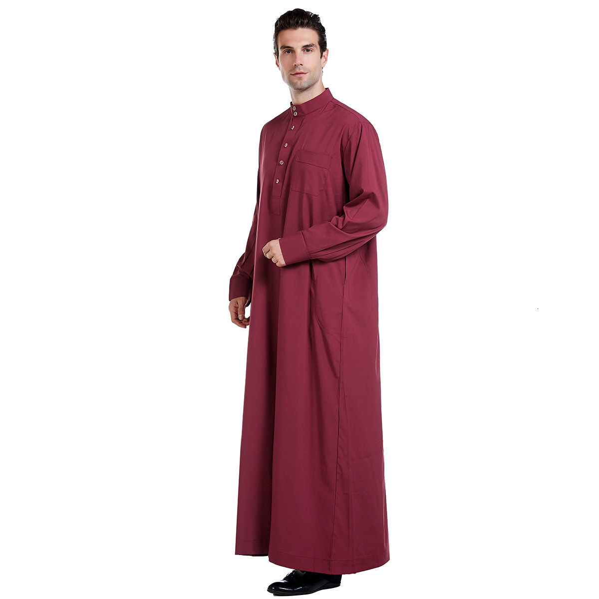 High quality new item free delivery men's standing collar solid color button Muslim long shirt large ethnic 2025 new item