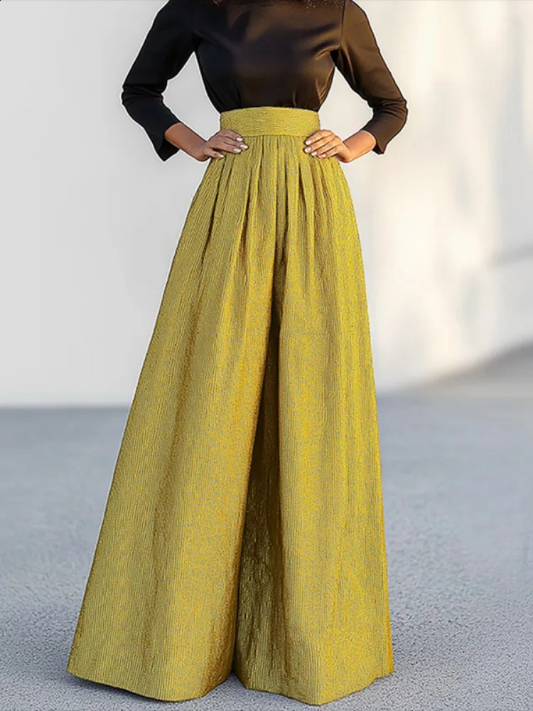 Missoo Womens Pants Elegant Gold Full Length Trouser Elastic High Waist Loose Long Leg Fashionable Bottom 250420