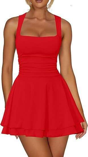 Long Dress Designer Dress Women Dress Calf Buttock Maxi Dress Womandress Robe De Designer 2025 Womens Square Neck Waist Pleated Hem Mini Short Dress
