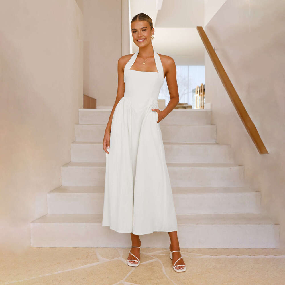 European and American women's 2025 solid color square cinched waist hanging neck backless dress new style temperament chic elegant clothing