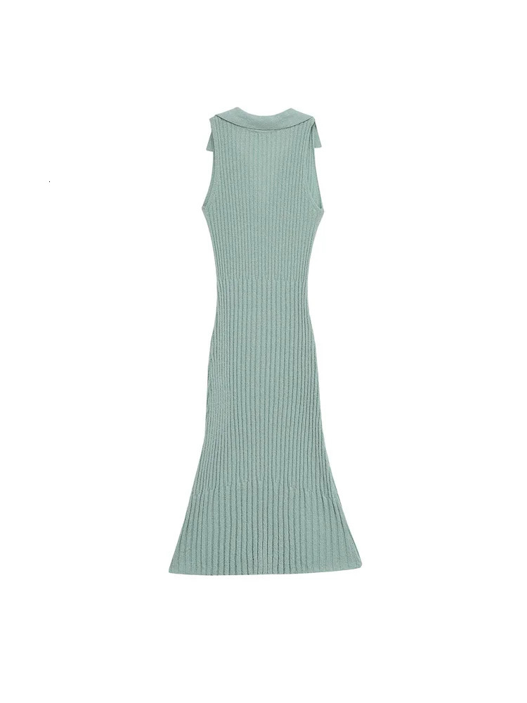 TRZA Fitted Sleeveless Knit Maxi Dress for Women Fashion Lapel Collar Female Vestidos Mujer 250520