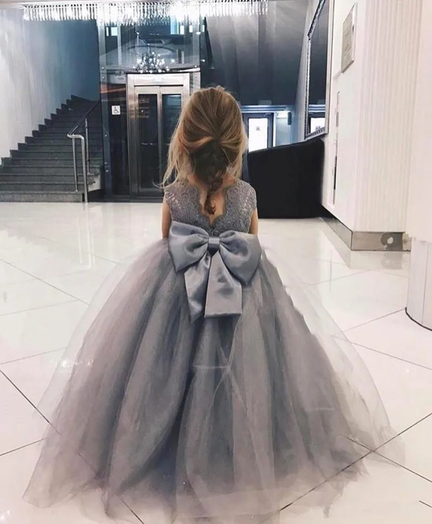 Lace Tulle Flower Girl Dresses Jewel Neck Tulle Applique Bow Sash Floor Length Formal Birthday Party Girls' Wears for Weddings