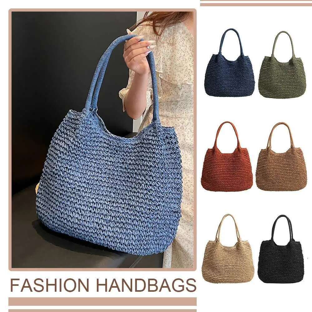 Women Crochet Beach Large Capacity Retro Straw Solid Color Simple Weaving Handbag Ladies Summer Daily Bag