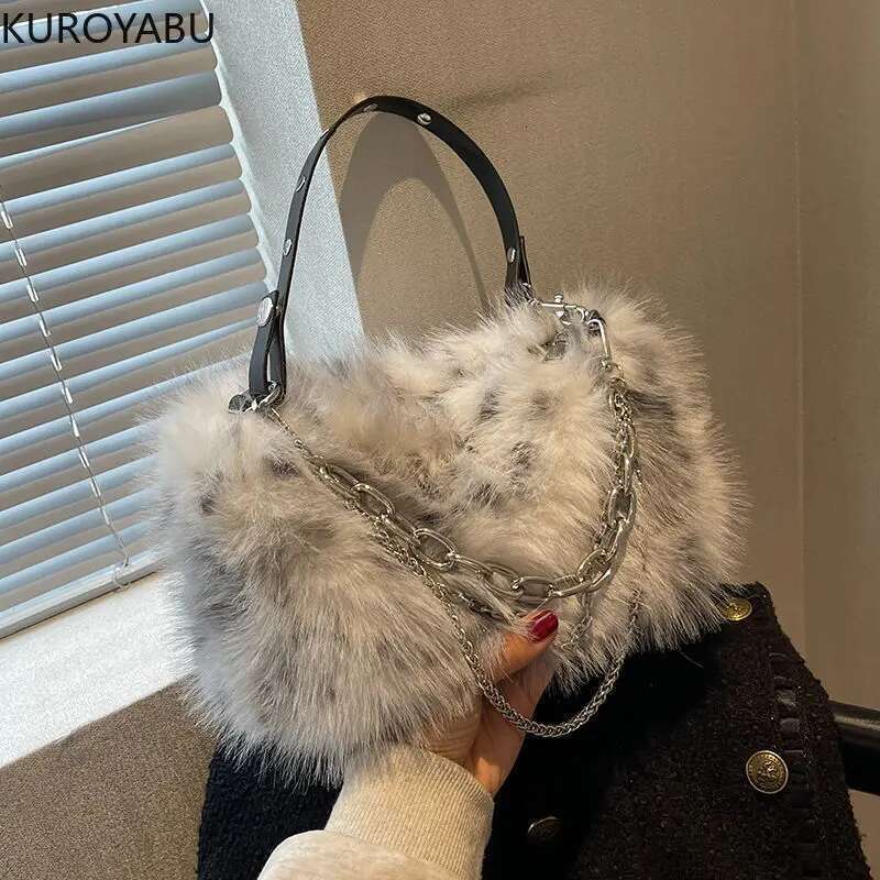 Y2k Women Shoulder Underarm Bags Fashion Chains Faux Fur Ladies Furry Crossbody Bag Soft Plush Female Handbags Tote Purse