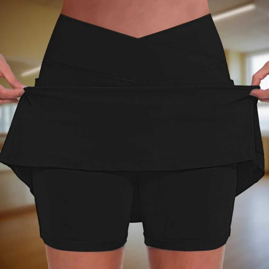 Double Layers Womens Solid Color Casual Athletic Fitness Running Yoga Pleated Shorts Skirt Sport Tennis Skirt XJ250520