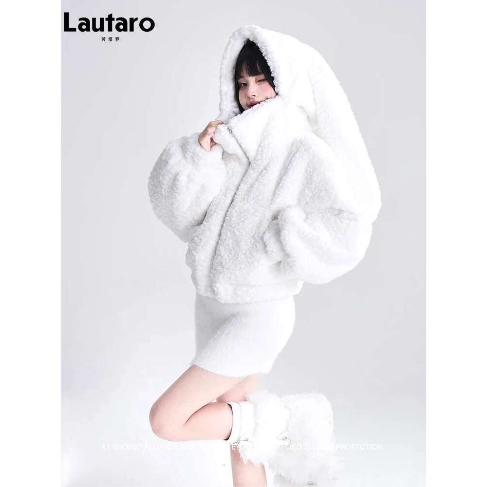 Lautaro Autumn Winter Sweet Cute Lovely Warm Soft White Short Faux Fur Coat Women With Bunny Ears Fluffy Jacket Hoodie 2023