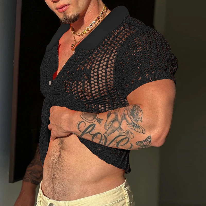 Summer Mens Clothing Knit Hollw Out Shirts Lapel Short Sleeve Mesh Sexy Buttondown Solid Color Streetwear Party Knitwear S3XL 250520