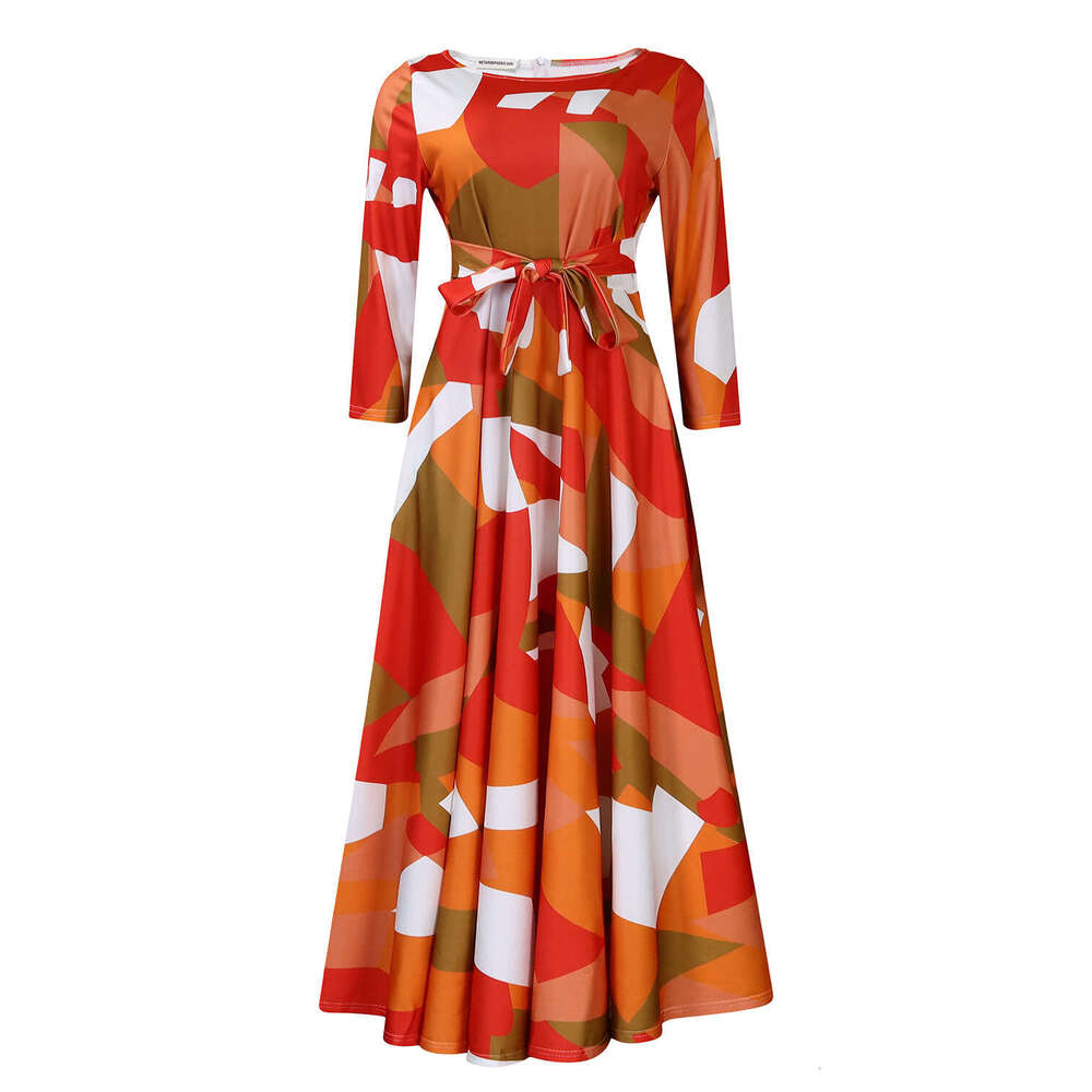 Women's Wear Spring/Summer New Fashionable And Elegant Print Lace Up Round Neck Large Swing Dress
