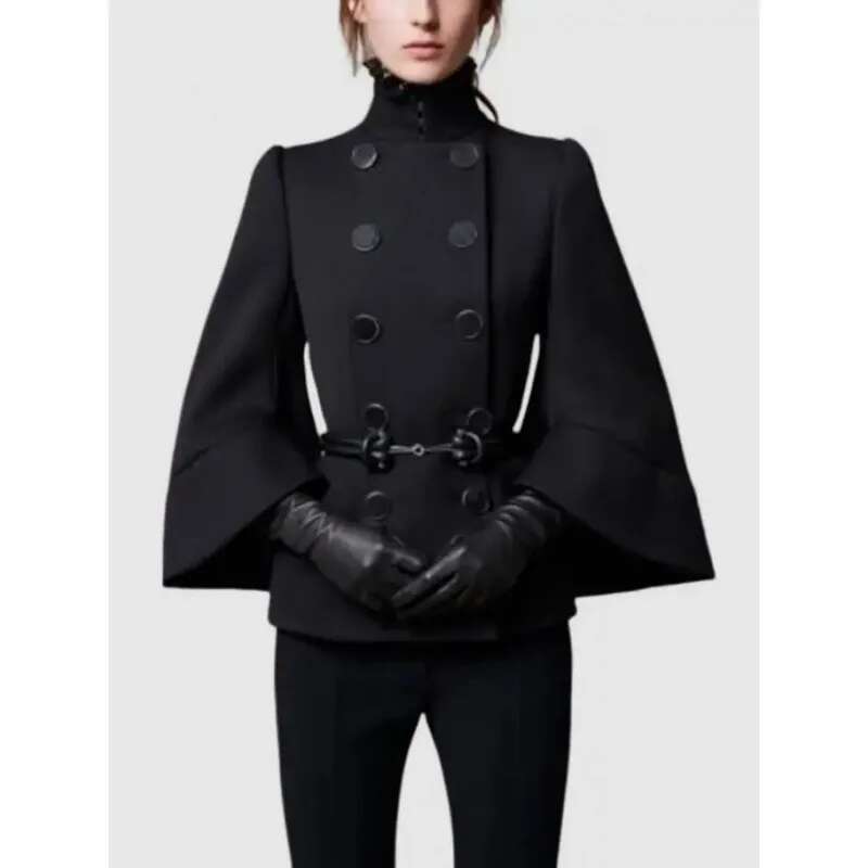 Modigirl Womens England Jackets Coatsbuttoned Black Fall Wnter Spring Long Flared Sleeves High Neck Outerwear For Ladies