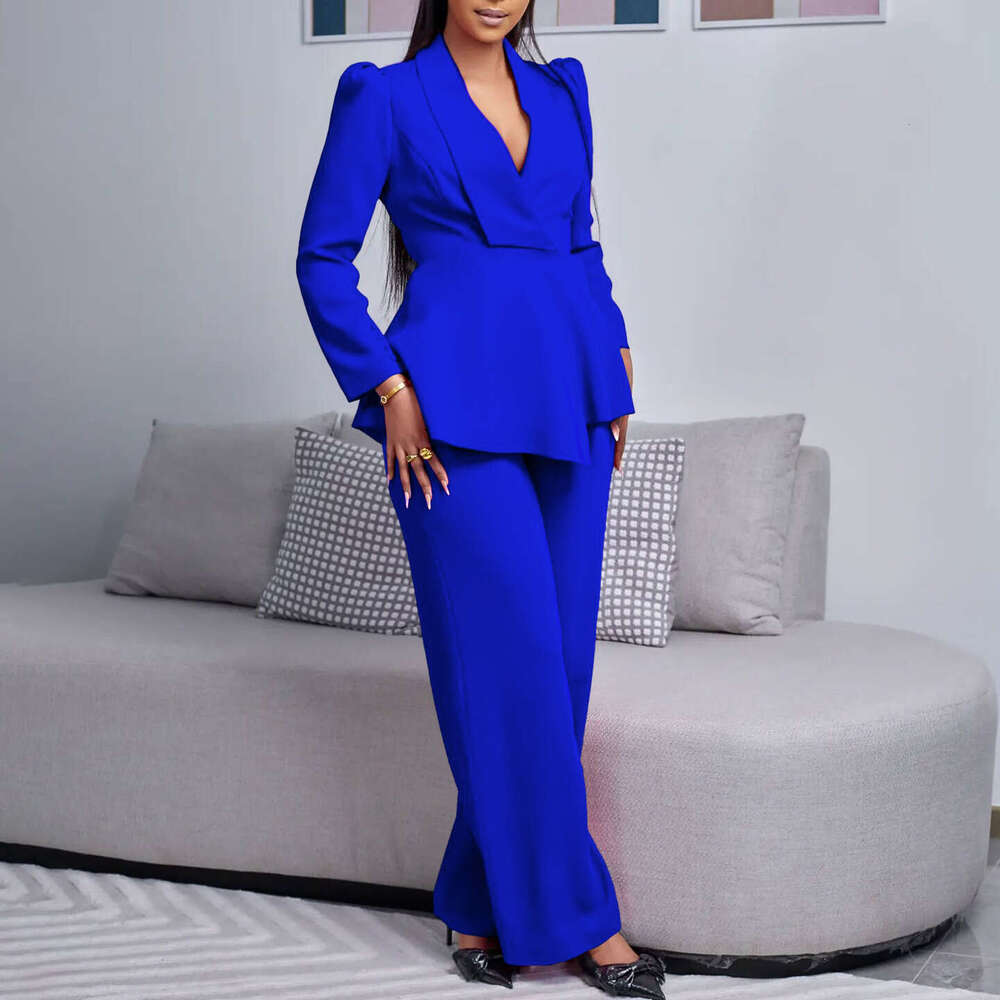 Women's Wear D3315 Women's New Fashion Style Elegant OL Lotus Leaf Edge Sleeve Top Wide Leg Pants Set