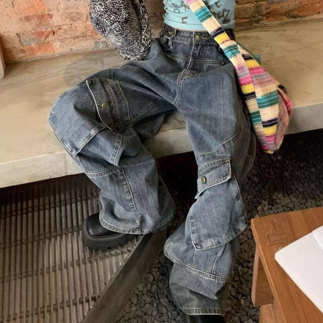 American oversized washed workwear jeans, high street hip-hop fashion loose spicy girl mop pants