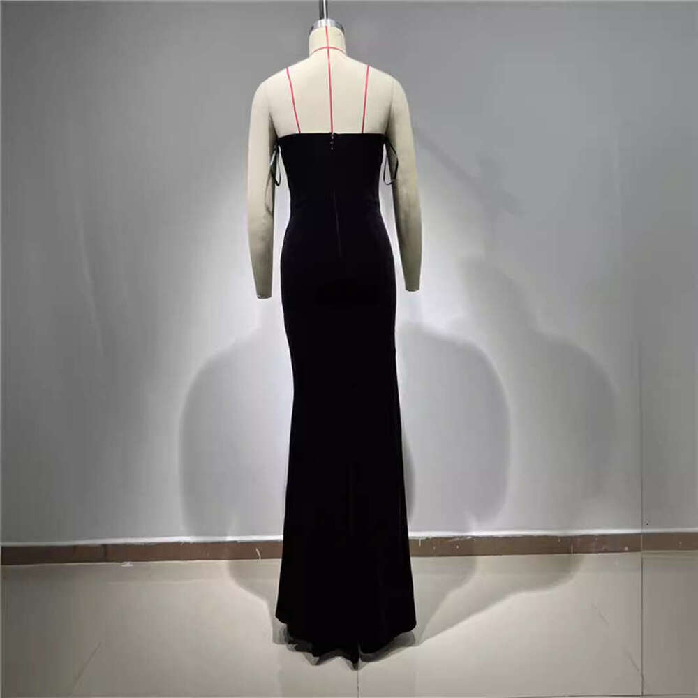 Halter Dress New Luxury Nail Bead Sexy Low Cut High Slit Black Velvet For Dinner Red Carpet Dress Maxi Dress
