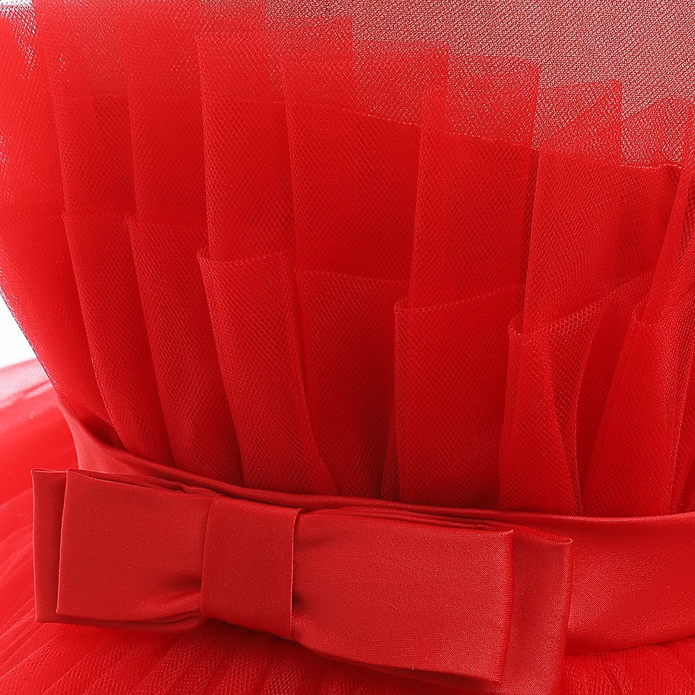 Red Puffy Tulle Flower Girls Dress Trailing First Communion Party Dresses For Girl Children Costume Princess Birthday Clothes 250519