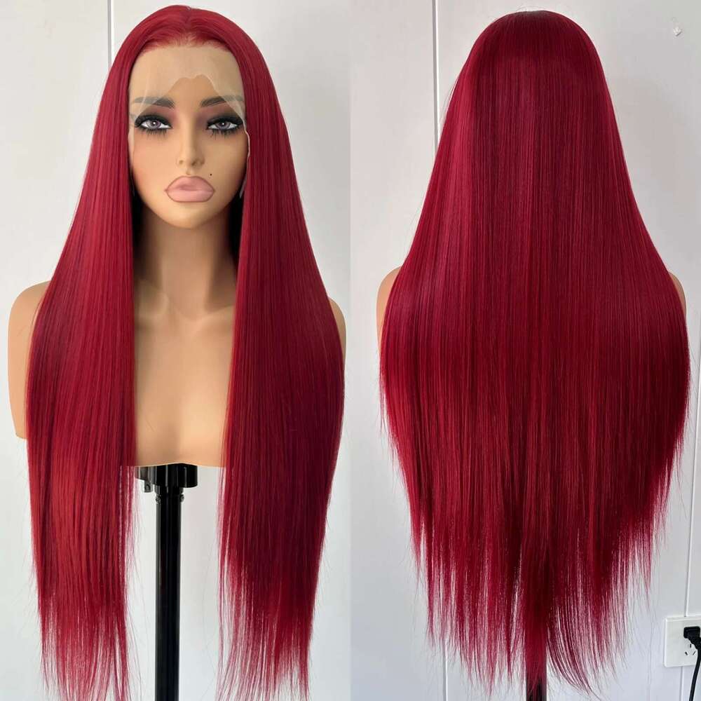Long Red Women Silky Straight Synthetic Hair Free Part Wine Bury Colored Heat Resistant Fiber Wigs for Daily Party