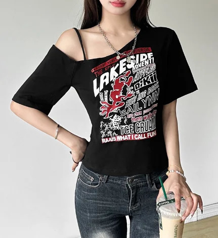 Gothic Tee Y2k Letter Print Off Shoulder Punk T-shirts Women Harajuku Summer Streetwear Grunge T Shirt Aesthetic Sexy Crop Tops 250517CJ