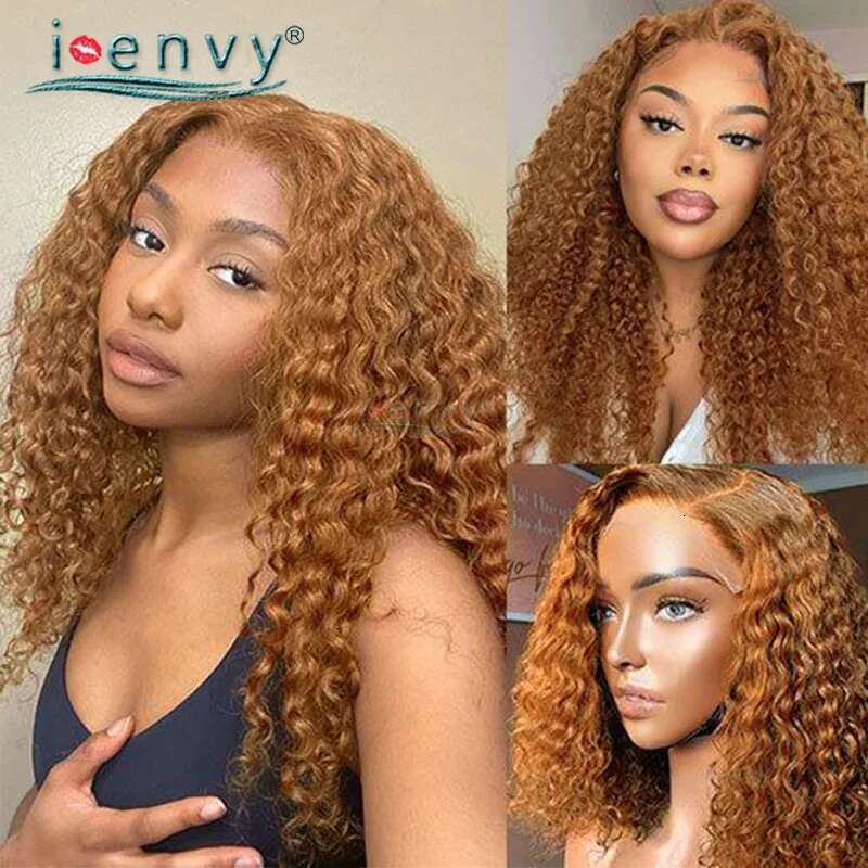 Water Wave Ginger Colored Pre Plucked Brown Lace Front Human Hair Wigs For Women Peruvian Blonde Curly Wig