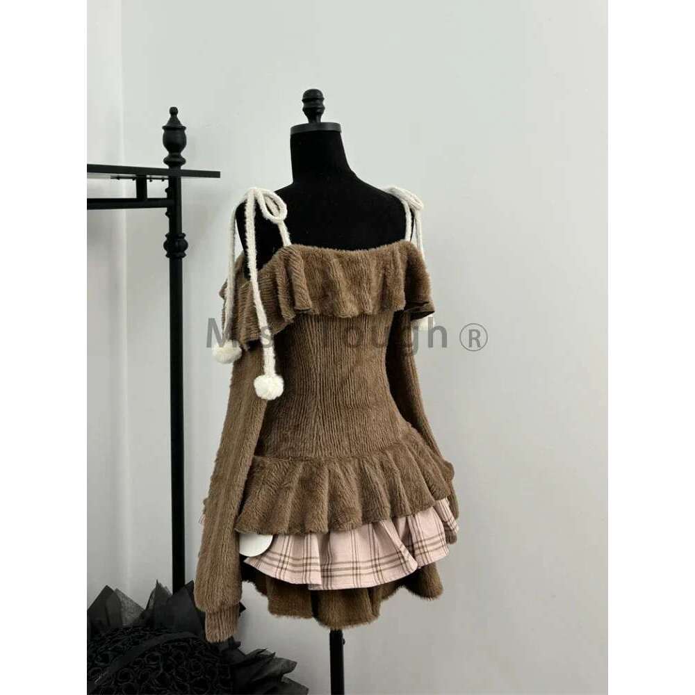 Sweet Kawaii 2 Piece Sets Women Japanese Y2k Brown Retro Tops + Chic Mini Cake Skirt Female Princess Elegant Outfits Spring 2025