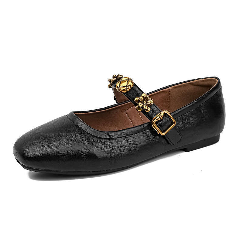 round Hot Hot toe shallow mouth metal buckle single shoe for women's professional commuting soft sole low heel French Mary Jane shoes