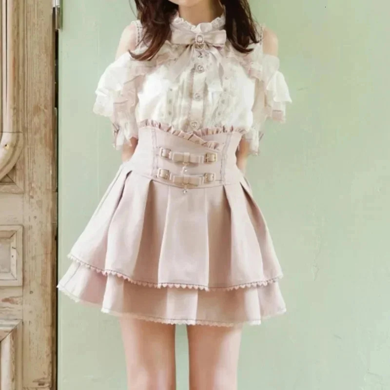 Japan Style High Waist Pleated Mini Skirts Bow Knot n Kawaii Slim Fit Aline Pink Lace For Women 250520