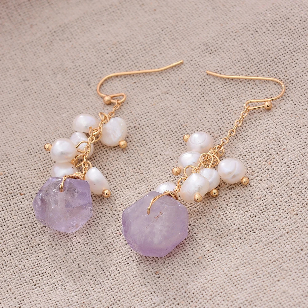 Original Handmade 14K Gold Filled Natural Freshwater Pearl Irregular Amethyst Ladies Drop Earrings Jewelry Women Wedding Gift 250517