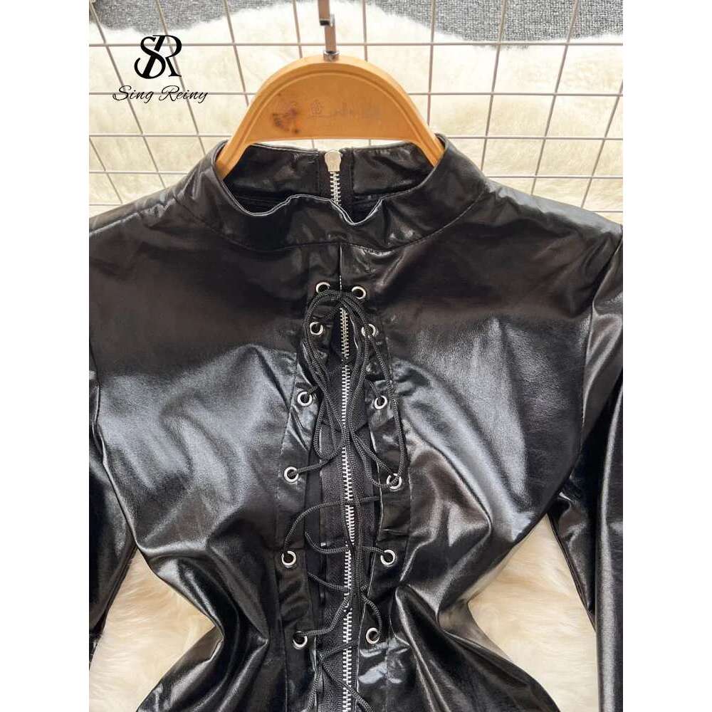 SINGREINY Autumn Drawstring PU Leather Sexy Rompers Women Zipper Open Crotch Slim Bodysuits Fashion Corset Streetwear Playsuits