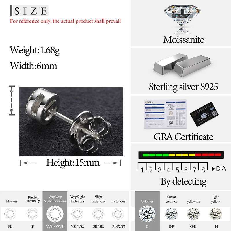 Top Quality Unisex Round 100% 925 Silver Earrings Fashion Classic Moissanite Earring For Women Jewelry