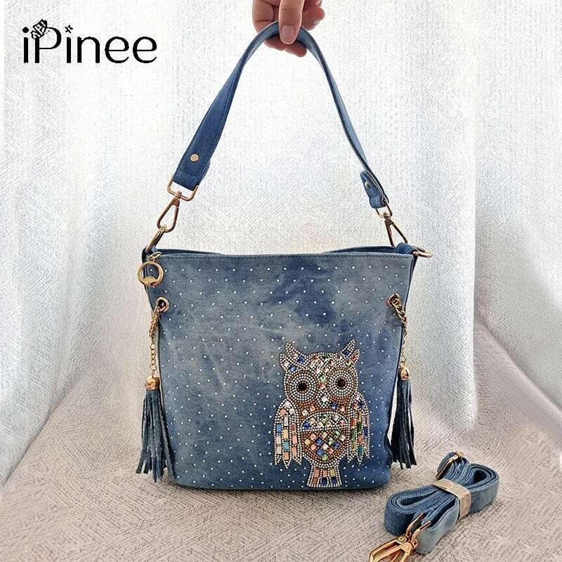 Ipinee Dia Inlaid Multicolored Owl One Shoulder Messenger Small Fresh Denim Rivet Portable Bucket Bag