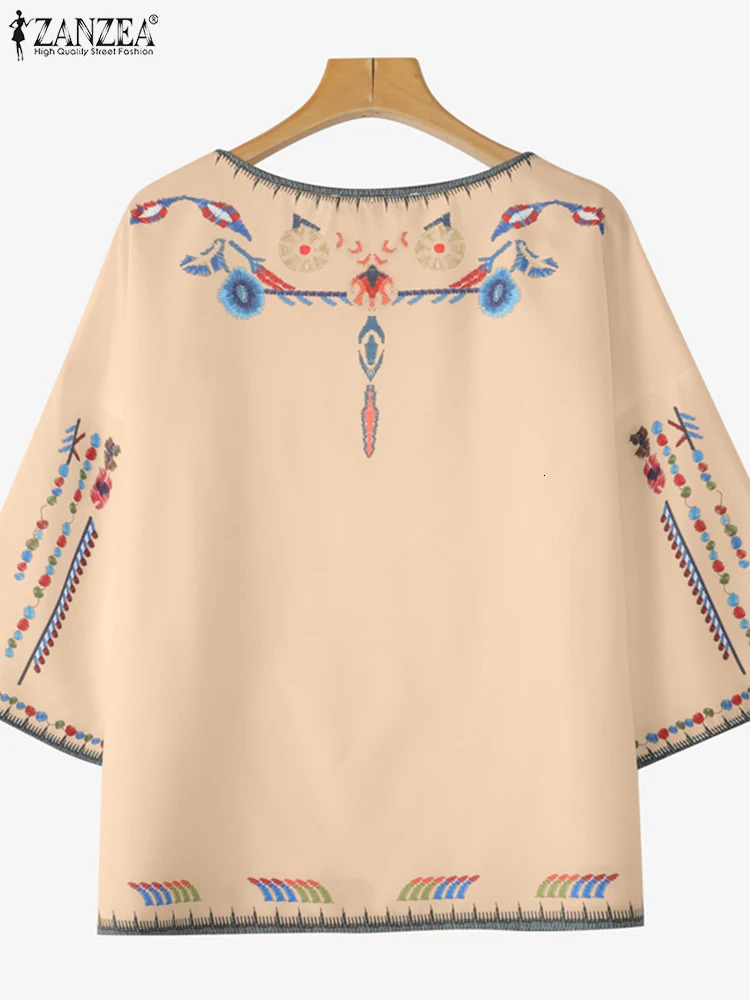 ZANZEA Summer Woman Ethnic Style Printing Blouses Casual Loose 34 Sleeve ONeck Blusas Mujer Vacation Everyday TShirts 250520