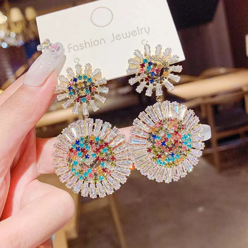Chrysanthemum Flower Zircon Earrings Square Sugar Copper Plated Embossed Artificial Shell Beads Flower Earrings 250519