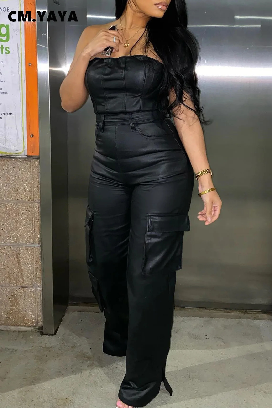 CM.YAYA Spring Strapless Sleeveless Sexy Off-Shoulder High Waist PU Leather Jumpsuit Party Club Rompers One Piece Outfits 250519