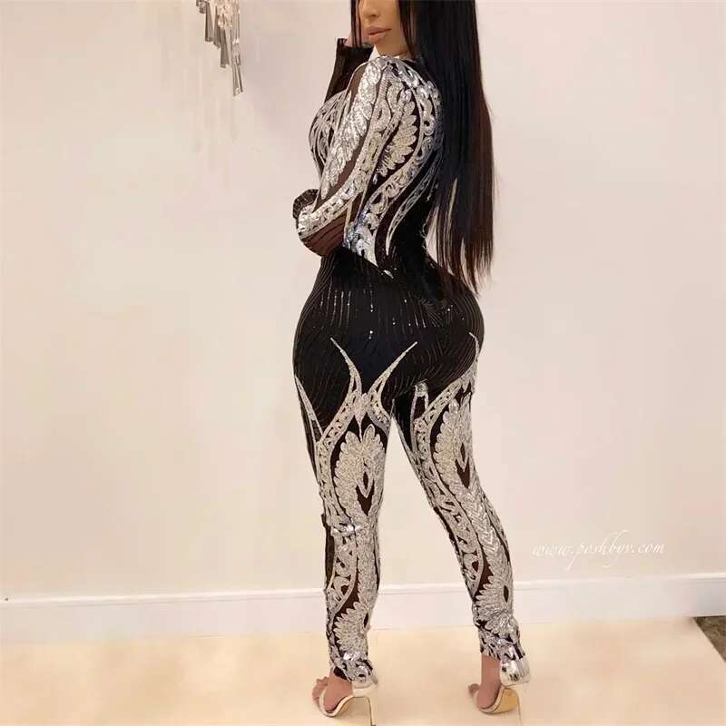 Fashion Patterned Sexy See-Through Jumpsuit Women Slim Fit Pencil Trousers Rompers Female Party Club Nightclubs One-Piece Pants