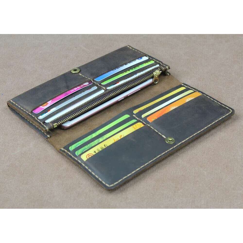 High Class Handmade Crazy Horse Genuine Leather Long Men Purse Bifold Clutch Wallet Male Money Clips Bag with Phone case
