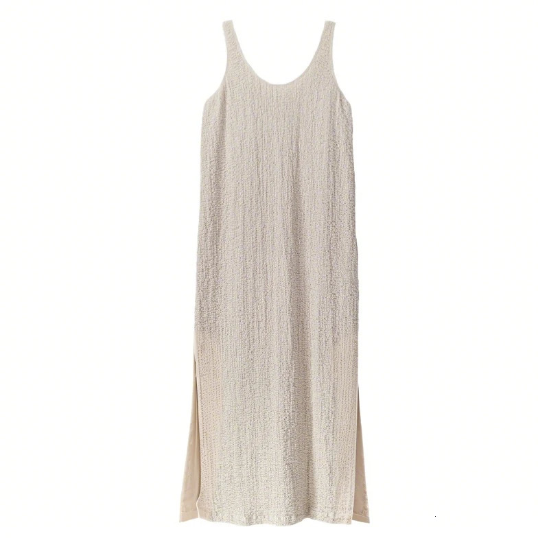 Vintage Cotton Linen Bubble Crepe Split Womens Dress Round Neck Sleeveless Resort Beach Summer Dresses 250520