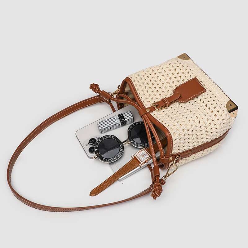 England Style Mini Bucket Bags For Women Designer Handbag Purses 2024 New In Polyester Rope Braided Hollow Cloth Shoulder