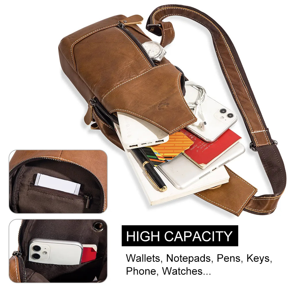 HUMERPAUL 100% Genuine Leather Chest Bag for Men Classic Shouder Messenger Bag with Cell Phone Pocket Outdoor Crossbody Bags 250519