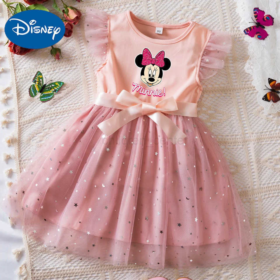 Disney Mickey Minnie Mouse Girls Sequin Tutu Dress with Bow Flutter Sleeves Summer Princess Party Outfit for Toddler Kids 2-6 Years W250520