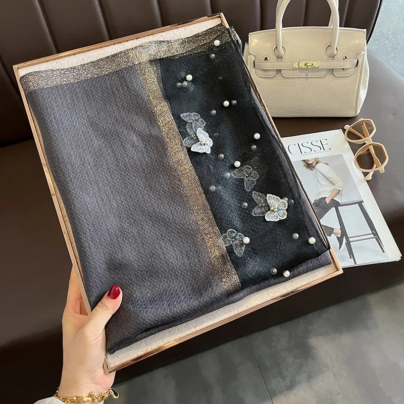 Women Fashion Butterfly Embroidered Scarf Plain Solid Silk Linen Shawls Scarves Summer Lady Bandanas Foulard Hijab 250517