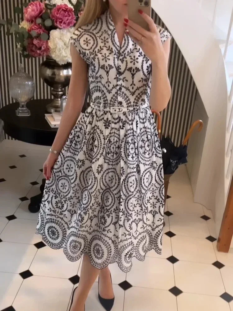 ZBZA Women ed Hollow Dress with Belt Vneck Sleeveless High Waist Singlebreasted Laceup Casual Summer 250520