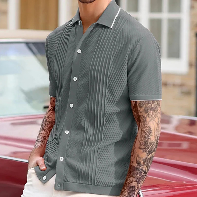 Summer Mens y Knitted Solid Color Shirt Fashion Short Sleeve Buttondown Shirts for Men Vintage Business Leisure Knitwear 250520