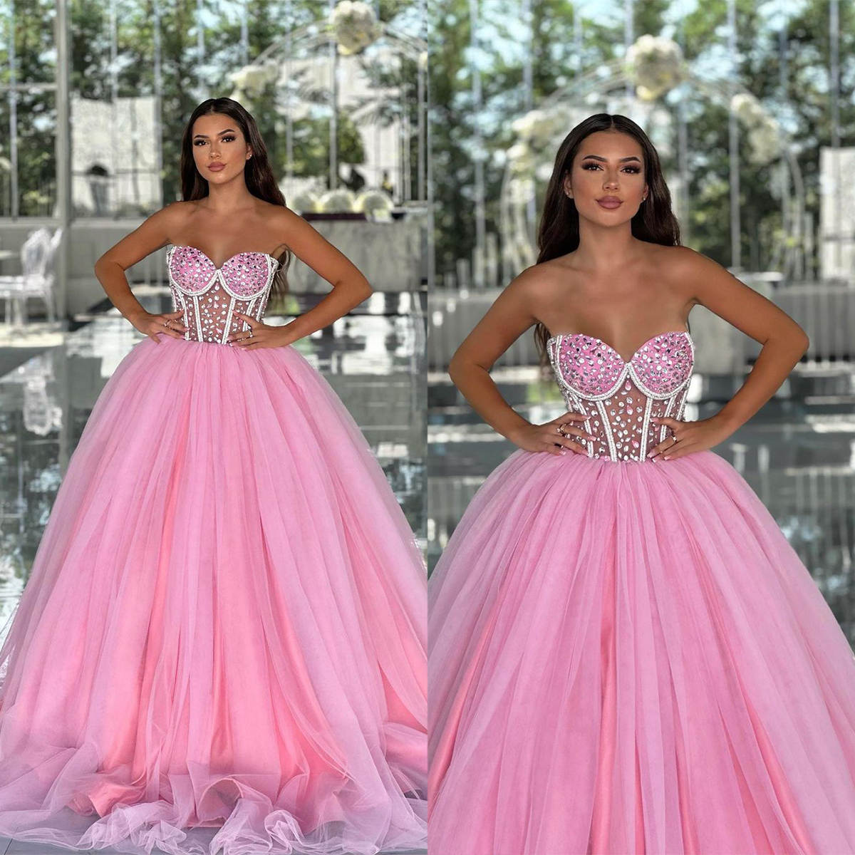 Pink Tulle Evening Dress Sexy Sweetheart Neck Beading A Line Prom Dresses Special Occasion Gowns