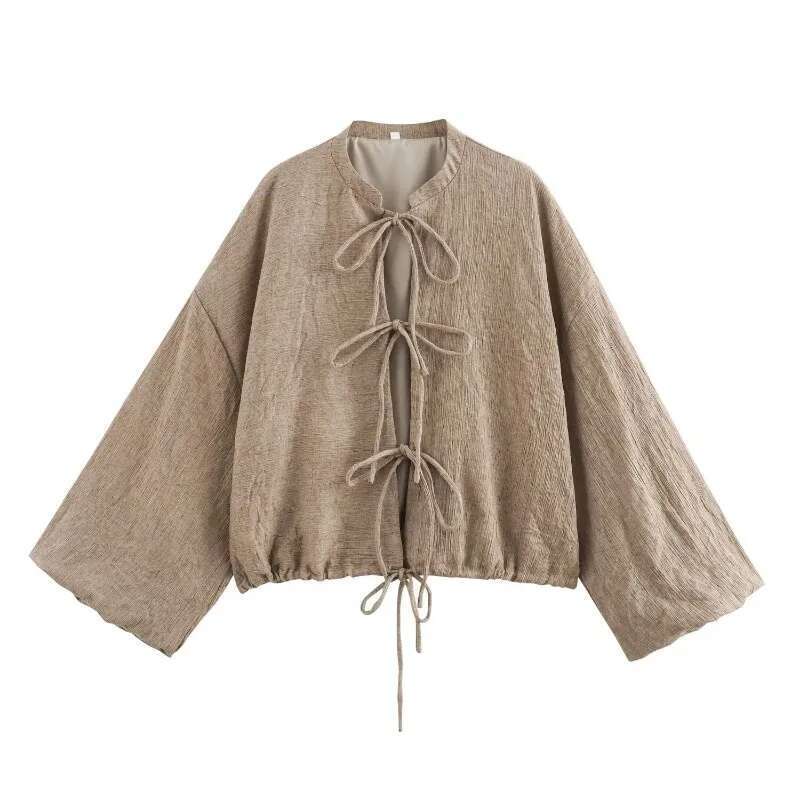 Woman's Vintage Bow Lace Up Jacket O-Neck Long Sleeves Tie Short Loose Blouse Coat Fall New Female Fashion Casual Outerwear