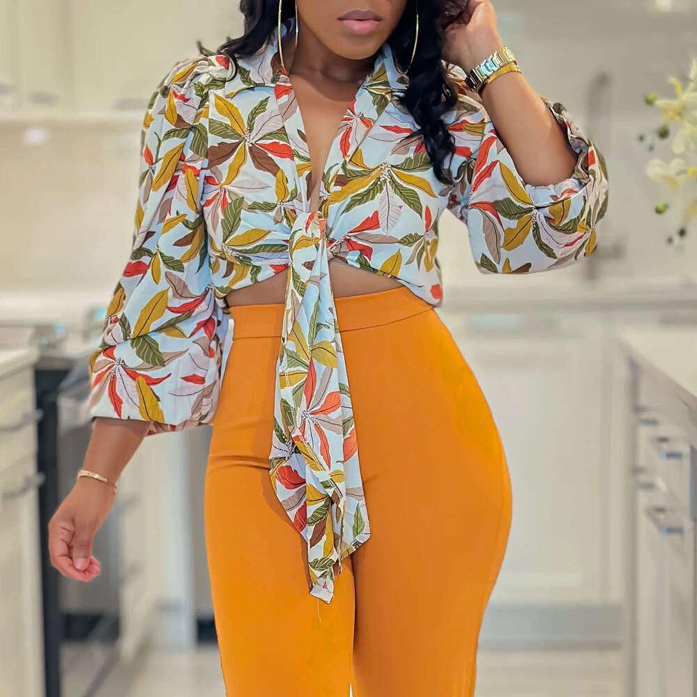 Women's Wear New Fashion Women's Printed Polo Collar Tie Up Long Sleeved Shirt