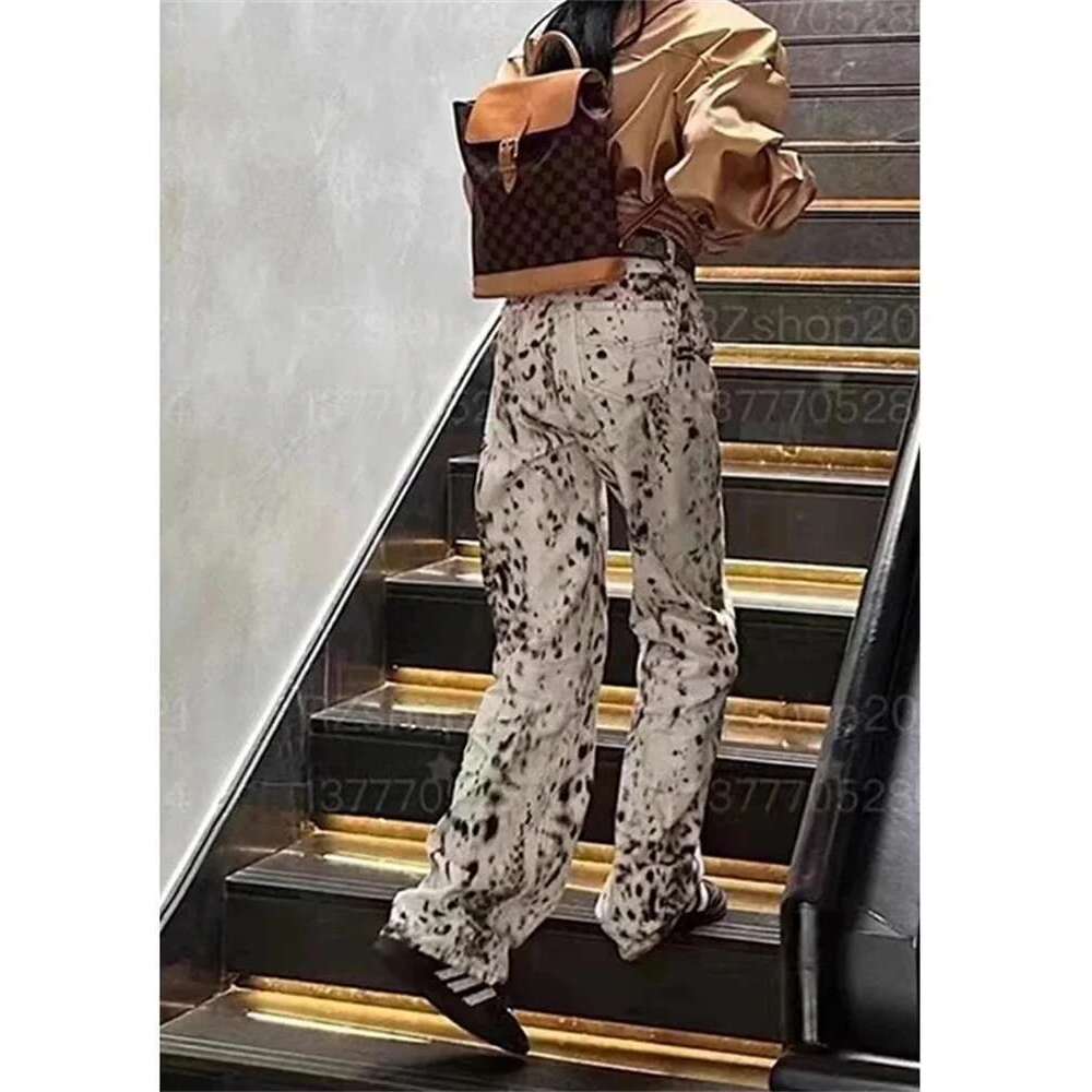 Leopard Print Straight Wide Leg Women Waisted Retro Jeans Streetwear Y2k Vintage Pants High Street Denim Trousers