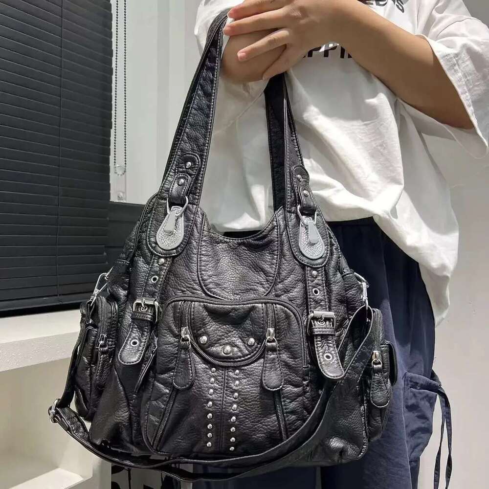 Women's Fashion Y2k Washed Distressed Hot Girl Motorcycle Large Capacity Rivet Shoulder Messenger Bag