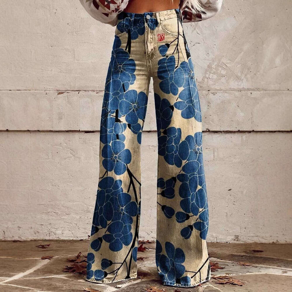 High-Waisted Printed Wide-Leg Stretch Jeans - Women's Casual Fashion Must-Have